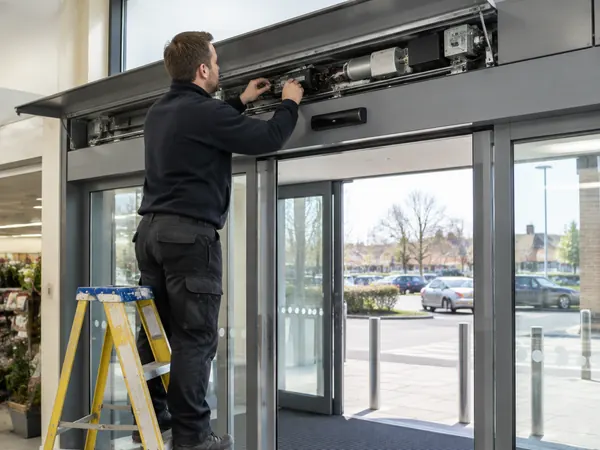 Engineer servicing the operator above automatic sliding shop doors