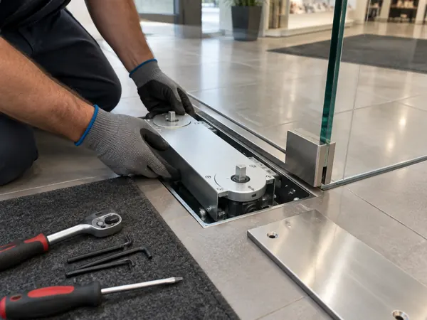 Engineer fitting a new floor spring under a glass shop door