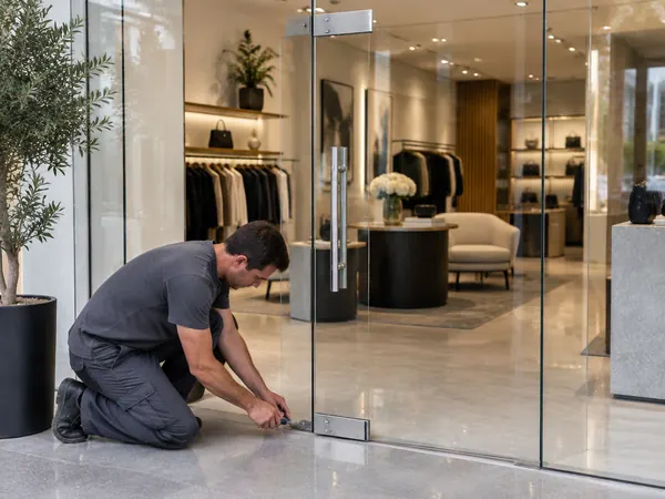 Engineer adjusting the patch fitting on a frameless glass shop door