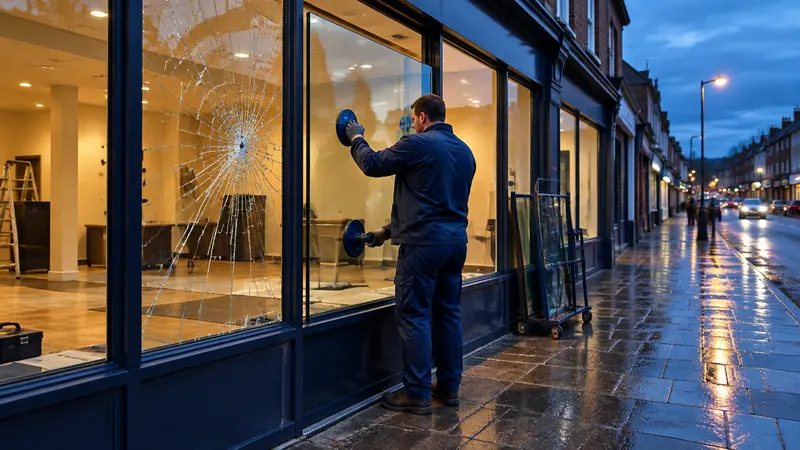 Glazier fitting a new glass panel into a navy aluminium shopfront at dusk