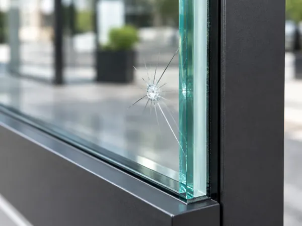 Close-up of laminated safety glass holding together after an impact