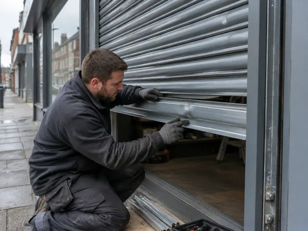 Engineer replacing a dented lath on a shop roller shutter