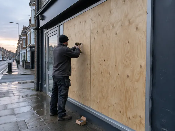 Shop window opening boarded with exterior plywood after a break-in