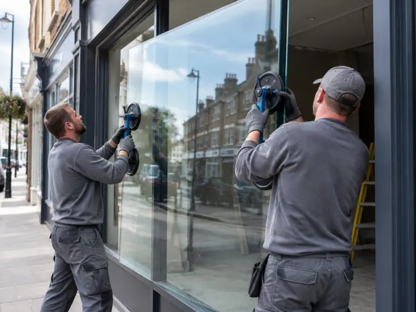 Two glaziers lifting a new glass pane into an aluminium shopfront frame