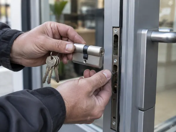 Locksmith replacing the cylinder in a shop door deadlock
