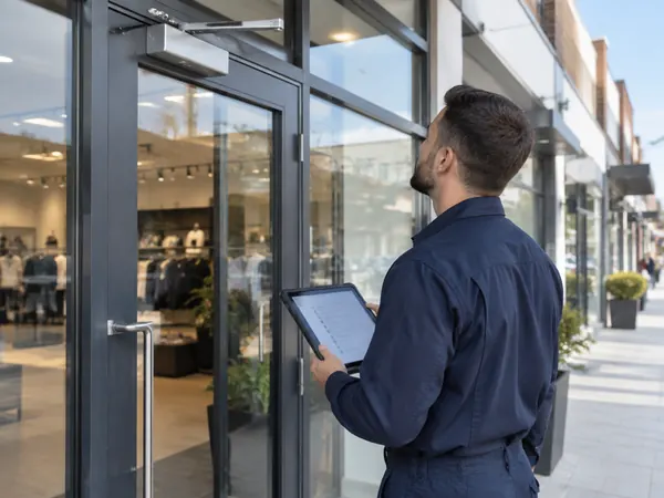 Maintenance engineer inspecting a shop door closer with a checklist