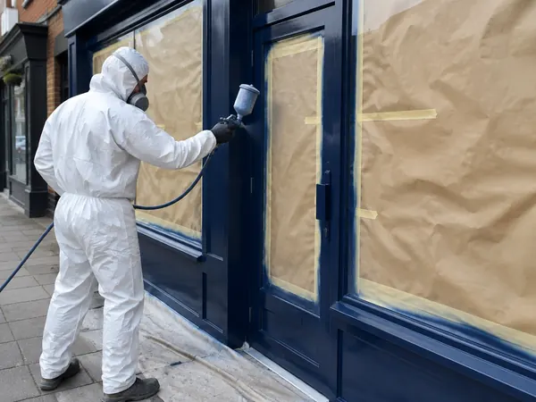 Sprayer respraying an aluminium shopfront frame on site