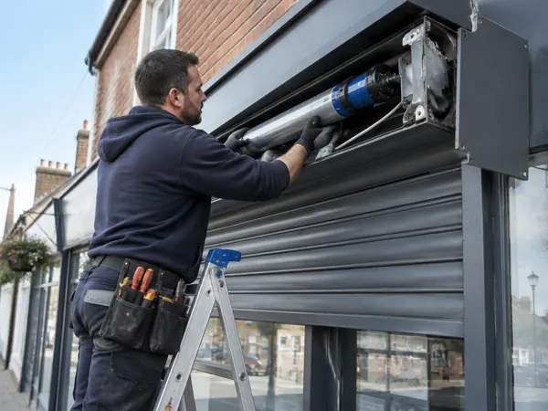 Engineer replacing the motor inside a roller shutter box